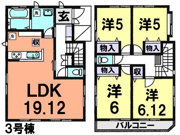 Floor plan. (3 Building), Price 39,800,000 yen, 4LDK, Land area 104.2 sq m , Building area 98.54 sq m