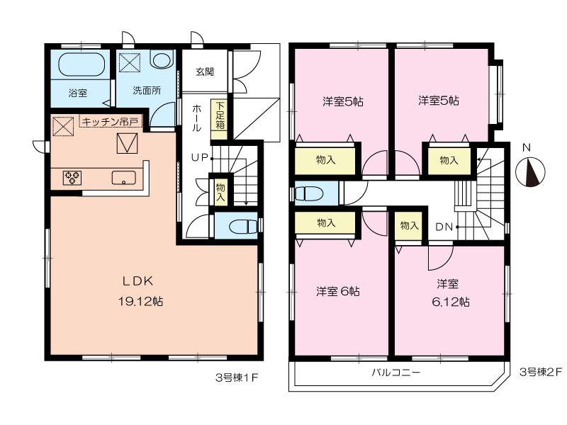 Floor plan. (3 Building), Price 39,800,000 yen, 4LDK, Land area 104.2 sq m , Building area 98.54 sq m