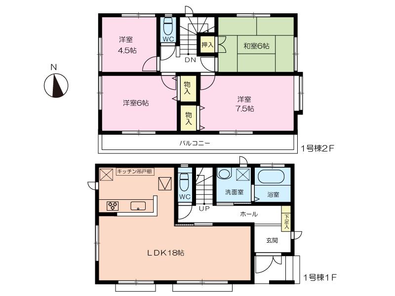 Floor plan. (1 Building), Price 35,800,000 yen, 4LDK, Land area 108.32 sq m , Building area 96.88 sq m