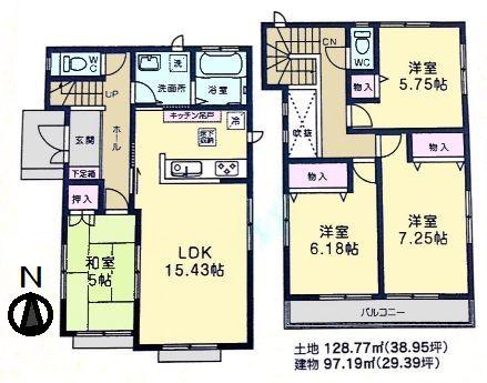 Floor plan. (Building 2), Price 36,800,000 yen, 4LDK, Land area 128.77 sq m , Building area 97.19 sq m
