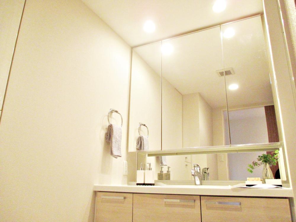 Wash basin, toilet. It is a big mirror