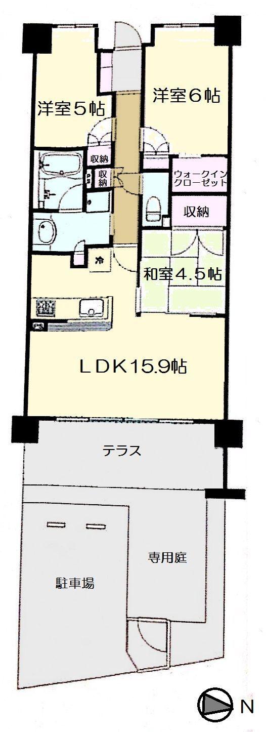 Floor plan. 3LDK, Price 19,800,000 yen, Occupied area 71.52 sq m terrace ・ Private garden ・ Flat parking is attractive