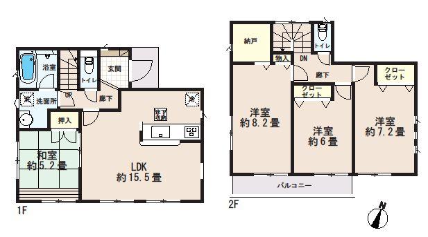 Floor plan. (Building 2), Price 35,800,000 yen, 4LDK+S, Land area 153.32 sq m , Building area 96.79 sq m