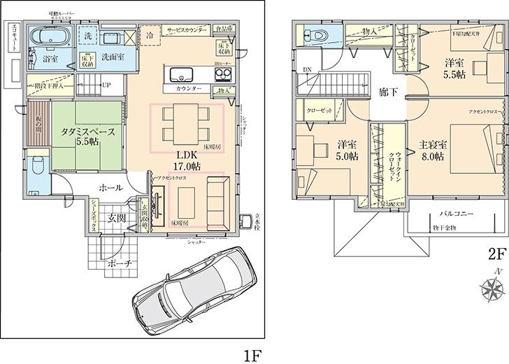 Floor plan.  [No. 19 place] So we have drawn on the basis of the Plan view] drawings, Plan and the outer structure ・ Planting, etc., It may actually differ slightly from.  Also, car ・ furniture ・ Consumer electronics ・ Fixtures, etc. are not included in the price.