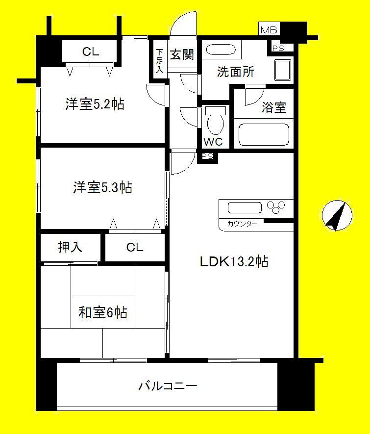 Floor plan. 3LDK, Price 14,950,000 yen, Occupied area 69.58 sq m , Balcony area 10.99 sq m