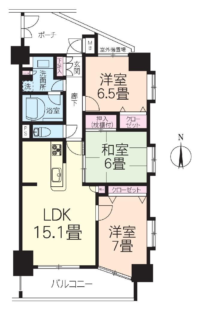 Floor plan. 3LDK, Price 21,800,000 yen, Occupied area 75.63 sq m , Balcony area 9.34 sq m