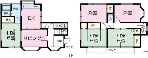 Floor plan. 14.8 million yen, 6DK, Land area 91.1 sq m , Building area 101.03 sq m land: 91.10 square meters (about 27 square meters) building: 101.03 square meters (about 30 tsubo) November 1990 Built 5LDK