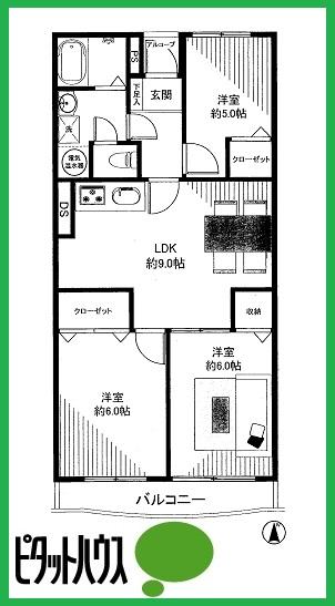 Floor plan. 3DK, Price 13.8 million yen, Occupied area 59.78 sq m , Balcony area 6.07 sq m