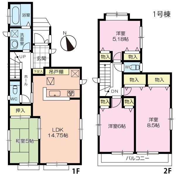 Floor plan. (1 Building), Price 36,800,000 yen, 4LDK, Land area 135.18 sq m , Building area 96.67 sq m