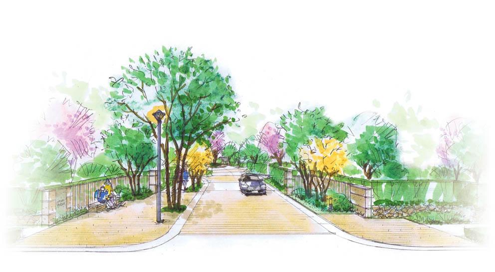 Construction completion expected view. So that the face of the "town", Directing a green planted zone continuing. Lush, tree-lined, Road of interlocking upholstery, The main gate to invite, such as by the sidewalk that was built in the granite to the center of the town. (Rendering)