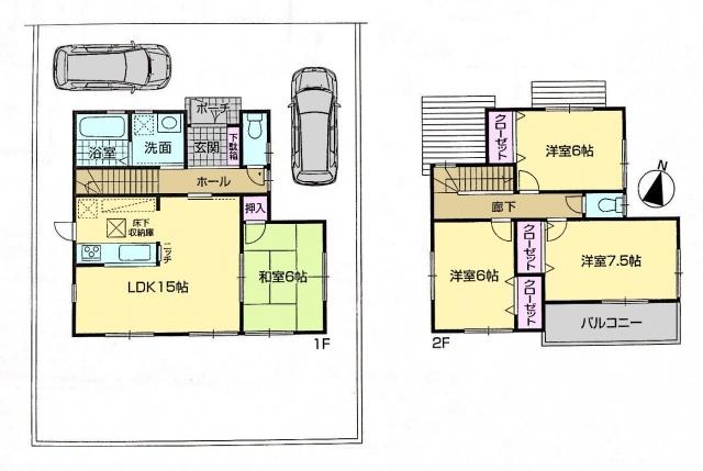 Floor plan. 29,800,000 yen, 4LDK, Land area 146.65 sq m , Building area 95.58 sq m parking 2 units can be. Spacious floor plan of more than all six quires also room.