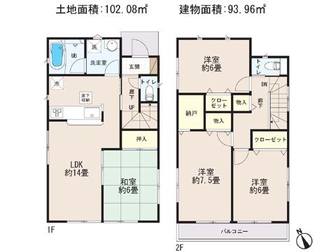 Floor plan. 24,800,000 yen, 4LDK + S (storeroom), Land area 102.08 sq m , Building area 93.96 sq m