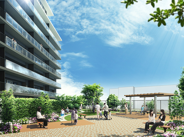 Shared facilities.  [A pergola outdoor space "Park Square"] Was available as open outdoor space with a pergola to the side of the "Park Square", "South Garden", Along followed by a shared corridor "Garden Promenade" and "West Garden", Place two of garden that can excursion the among the light and the green. (Park Square Rendering)