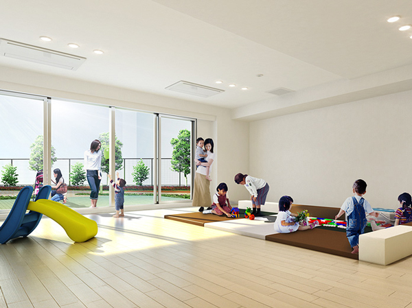 Shared facilities.  [Leading to the open terrace "Kids Room (assembly room Iku Kaneko support facilities)."] Within the building, Play children even on rainy days, It served with a open terrace that parents can enjoy a conversation the "Children's Room (meeting room Iku Kaneko support facilities).". (Children's Room (meeting room Iku Kaneko support facilities) Rendering)