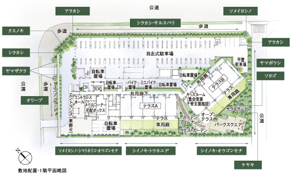 Shared facilities.  [Site placement ・ 1-floor plan view]  ※ Site placement of me ・ But each floor diagram is that caused draw based on the drawings of the planning stage, shape ・ In fact a slightly different color, etc.. Trees such as the on-site is what drew the image of the location after you've grown. Also, Shades of leaves and flowers, Tree form, etc. is slightly different and are from the actual image. It should be noted, Since the planting 栽計 images are subject to change, Please note. Also, Align the part off-site roads have been Chakuirodori.