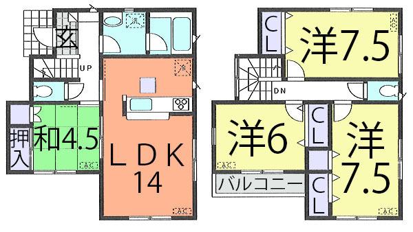 Floor plan. (Building 2), Price 21,800,000 yen, 4LDK, Land area 126.44 sq m , Building area 93.15 sq m