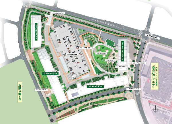 Shared facilities.  [Overall plan Rendering] With approximately 20,000 4000 sq to comfortably place the 4 buildings of the residential building on the site of the m, As guarded residential building, It has established a large courtyard with self-propelled flat 置駐 car park. Charm of "Morikoa" is, That it has placed a number of shared facilities at the center of this courtyard. In the courtyard of the four seasons of the trees watered, People will come together with nature. Encounter people and people, Greetings are exchanged, Enough to petting is deepening live. It is a project to create such a pleasant garden community.