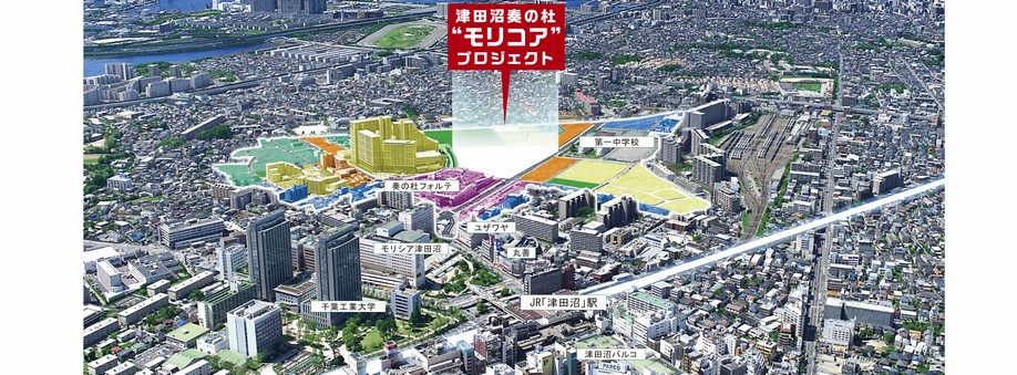 In fact the different in plus the CG process was taken in April 2013, local peripheral aerial photographs. Also part of the display in the white frame indicates the Narashino city planning business JR Tsudanuma Station south exit specific land readjustment project district, It has displayed in different colors to each area in the district.
