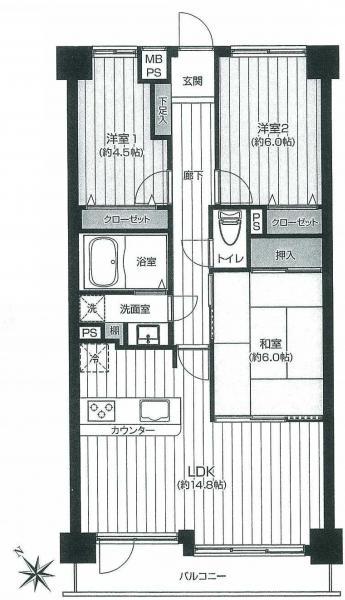 Floor plan. 3LDK, Price 21,800,000 yen, Occupied area 72.39 sq m , Balcony area 7.55 sq m