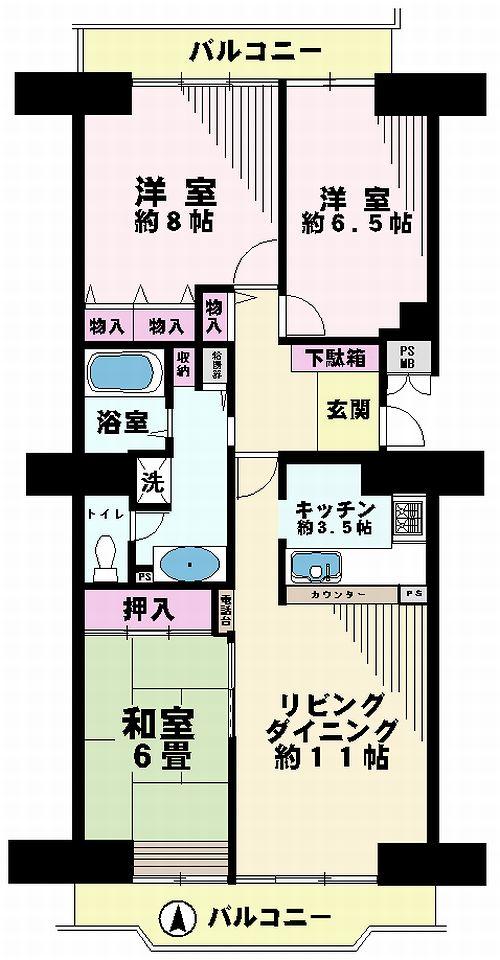 Floor plan. 3LDK, Price 26,900,000 yen, Occupied area 86.83 sq m , Balcony area 16.57 sq m