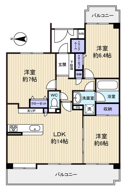 Floor plan. 3LDK, Price 13,900,000 yen, Occupied area 70.21 sq m , Balcony area 19.24 sq m 2 sided balcony, Ventilation is good