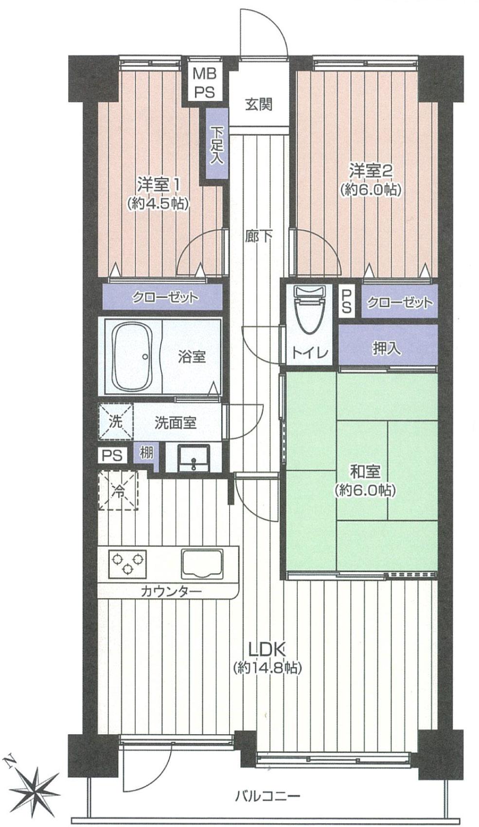 Floor plan. 3LDK, Price 21,800,000 yen, Occupied area 72.39 sq m , Balcony area 7.55 sq m LDK is quire 14.8ese-style room was also with 3LDK