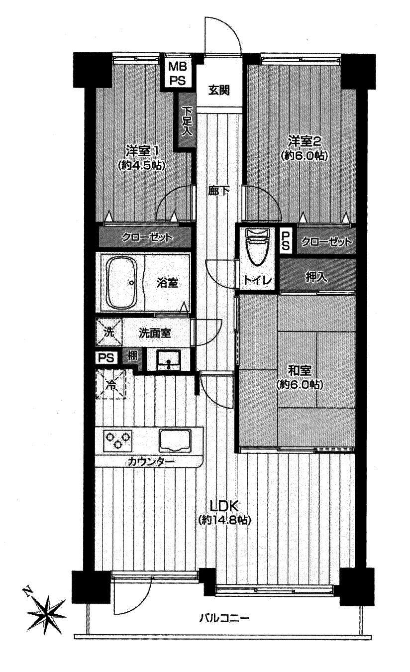 Floor plan. 3LDK, Price 21,800,000 yen, Occupied area 72.39 sq m , Balcony area 7.55 sq m