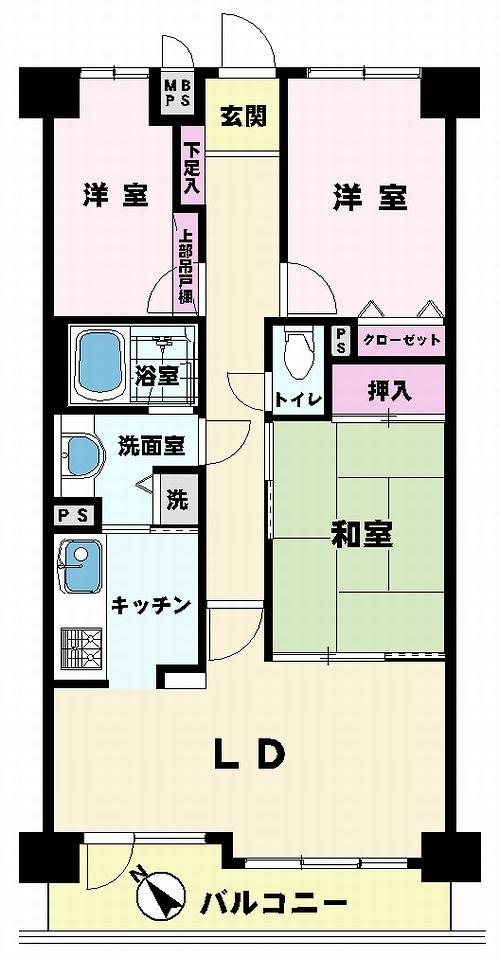 Floor plan. 3LDK, Price 20,900,000 yen, Occupied area 72.39 sq m , Balcony area 7.55 sq m