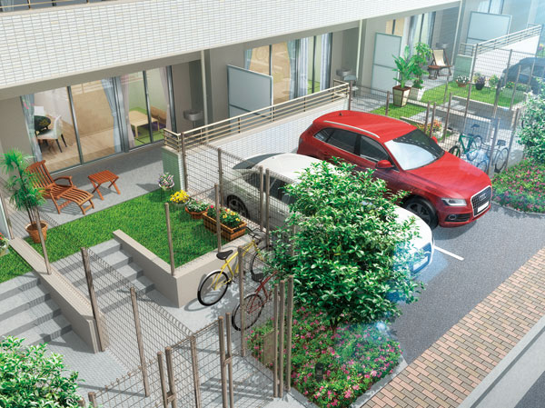 Buildings and facilities. On the first floor dwelling units of the western residential building in addition to the private garden, It has a dedicated parking and cycle port. In the design that you can enter and exit from the sidewalk, It is more convenient use of the car and bicycle. Also, Residential units with a private garden that gardening can enjoy also the layout. (First floor parking lot with a dwelling unit Rendering)