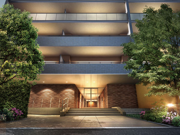 Buildings and facilities. The southwest corner,  We arranged the "entrance" that was followed by a symbol tree on both sides. While E full of stately as the face of the apartment, It welcomed gently people. Overlooking the Tsuboniwa to also entrance of the previous, It offers a "lounge" in the calm atmosphere. (Entrance Rendering)
