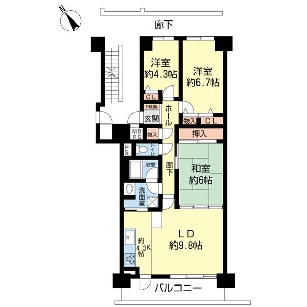 Floor plan. 3LDK, Price 22,800,000 yen, Occupied area 74.93 sq m , Balcony area 15.24 sq m