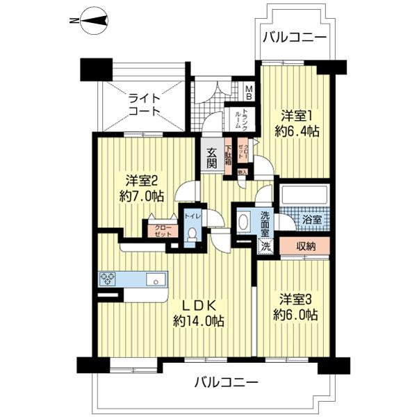 Floor plan. 3LDK, Price 14.8 million yen, Occupied area 70.21 sq m , Balcony area 19.24 sq m