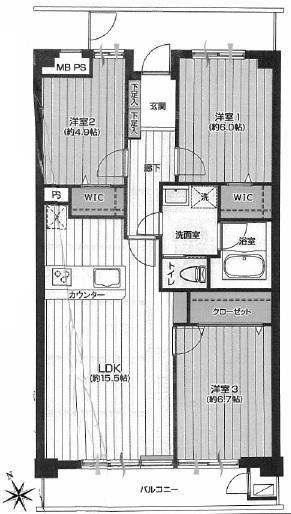 Floor plan. 3LDK, Price 27,800,000 yen, Occupied area 73.63 sq m , Balcony area 17.15 sq m 2 room in the walk-in closet with!
