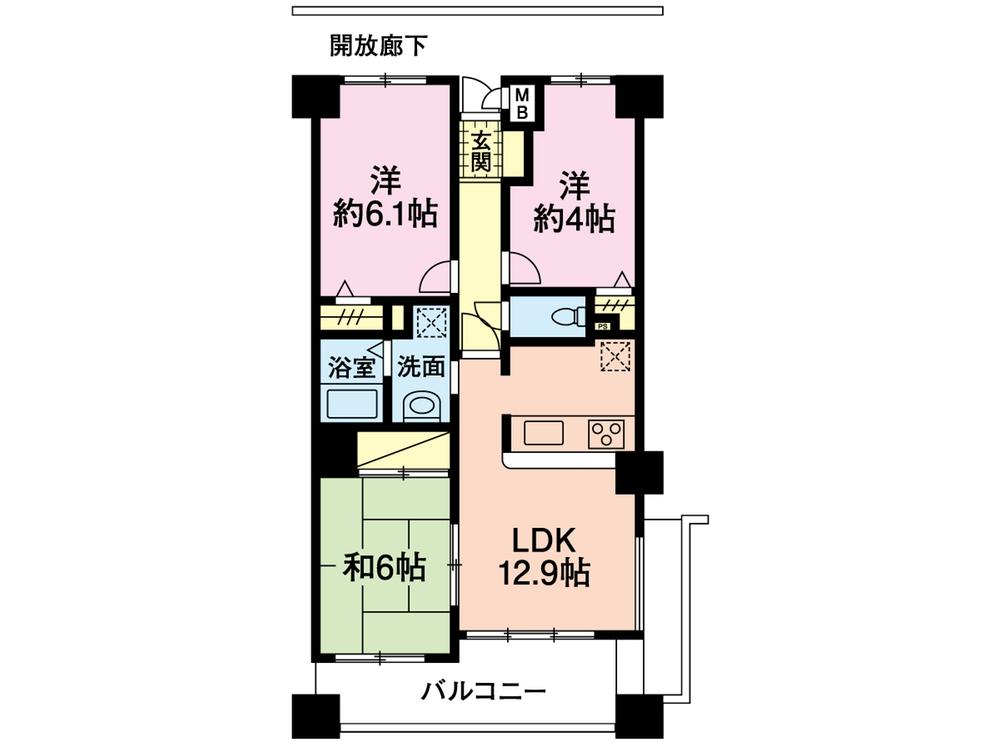 Floor plan. 3LDK, Price 16.8 million yen, Occupied area 61.72 sq m , Balcony area 12.78 sq m