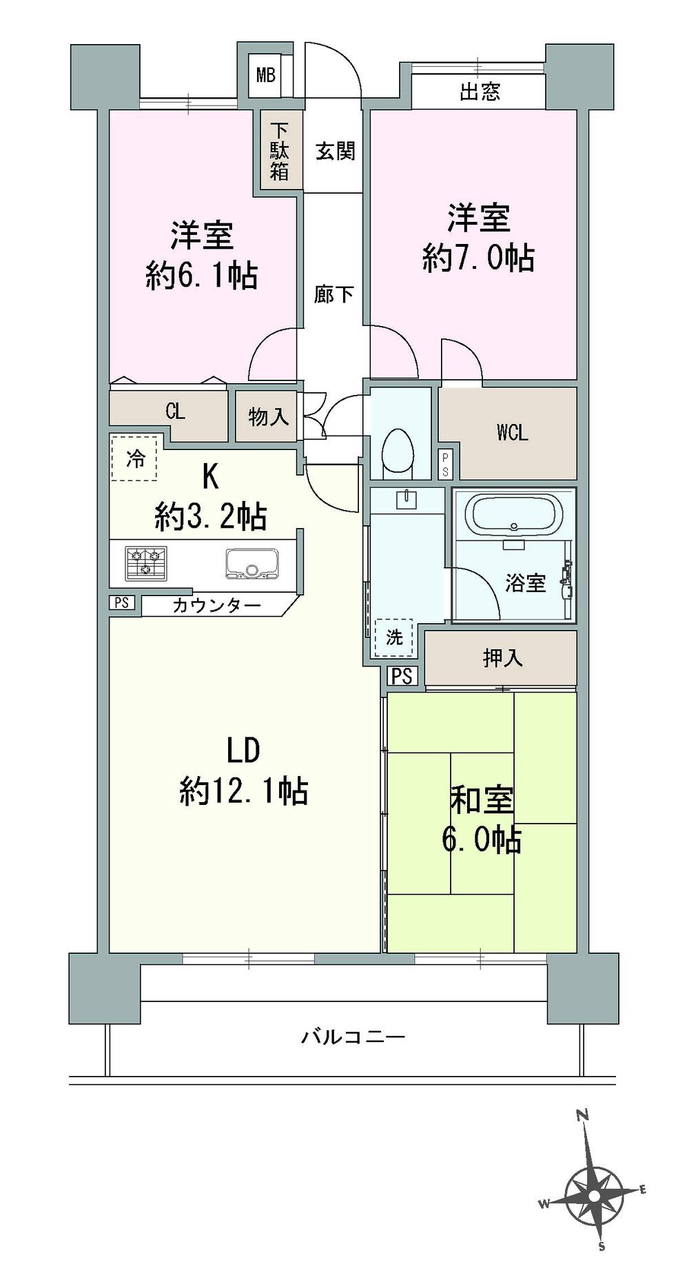 Floor plan. 3LDK, Price 16.8 million yen, Footprint 75.6 sq m , Balcony area 12.6 sq m