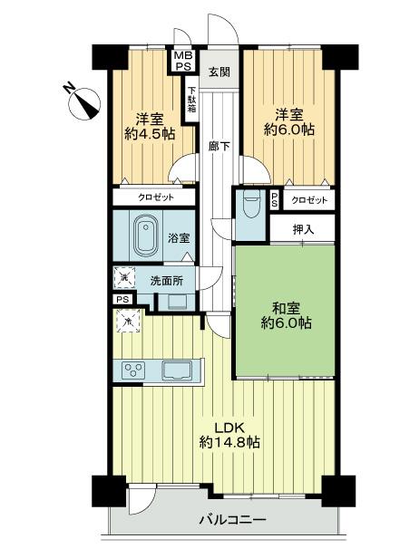Floor plan. 3LDK, Price 21,800,000 yen, Occupied area 72.39 sq m , Floor change to counter the kitchen from the balcony area 7.55 sq m stand-alone kitchen. There is a feeling of opening is bright kitchen. Also new storage space installed in a Western-style 4.5 Pledge (installing a storage without changing the size of the room)