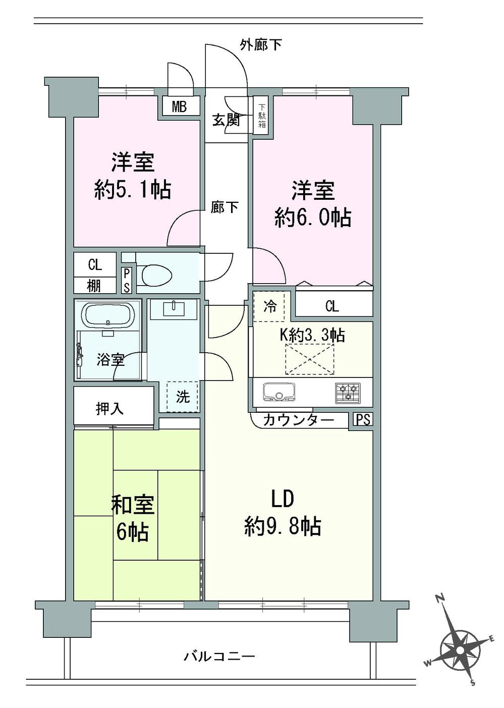 Floor plan. 3LDK, Price 13.3 million yen, Footprint 65.1 sq m , Balcony area 9.3 sq m