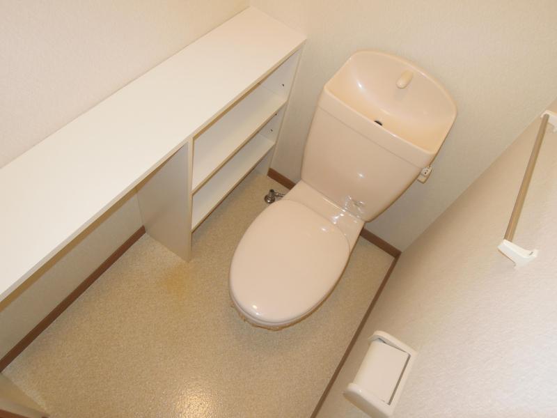 Toilet. Convenient shelf is attached to the toilet.