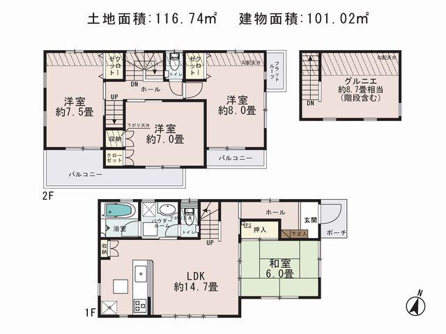 Floor plan. (3 Building), Price 35,800,000 yen, 4LDK, Land area 116.74 sq m , Building area 101.02 sq m