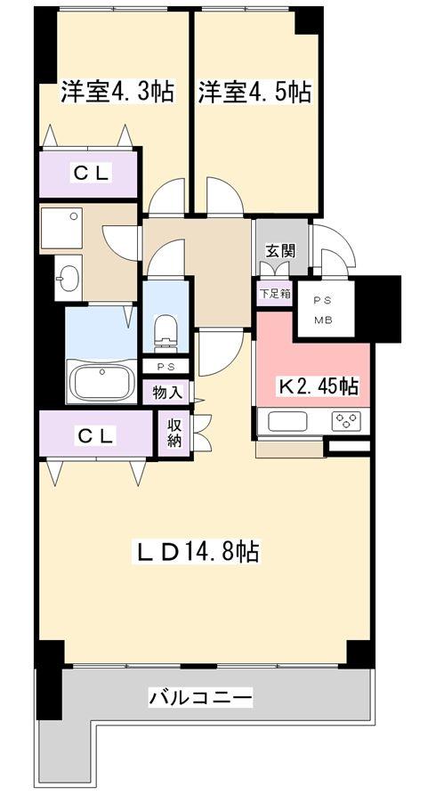 Floor plan. 2LDK, Price 22,800,000 yen, Occupied area 61.67 sq m , Also it can be changed to 3LDK according to the balcony area 7.8 sq m lifestyle (separately required cost)