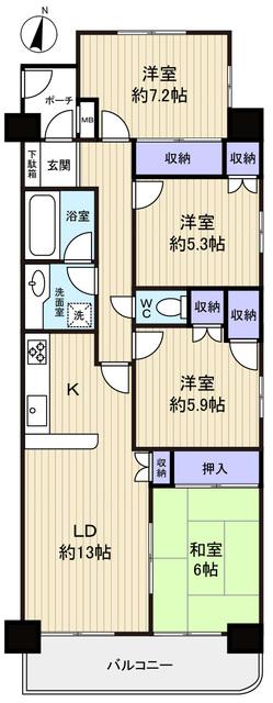 Floor plan. 4LDK, Price 19.2 million yen, Occupied area 91.22 sq m , Balcony area 11.02 sq m southwest angle room, Day is good