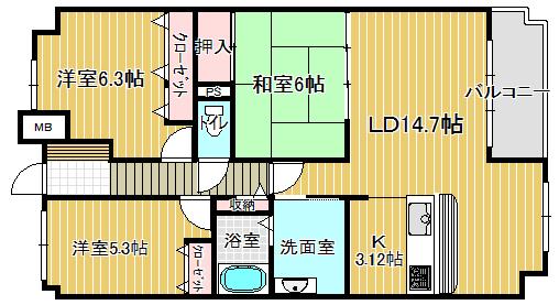 Floor plan. 3LDK, Price 23.6 million yen, Occupied area 76.39 sq m , Balcony area 6.3 sq m