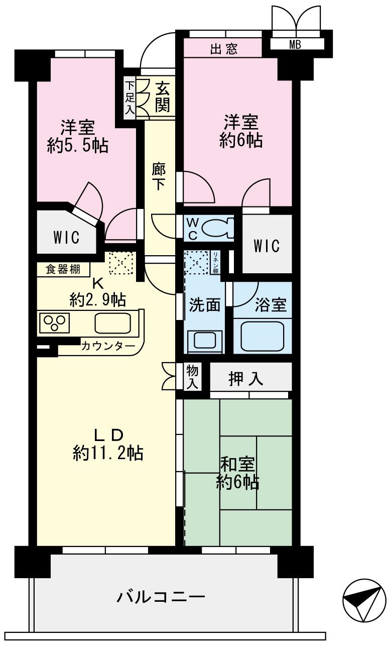 Floor plan. 3LDK, Price 16,900,000 yen, Occupied area 69.63 sq m , Balcony area 12.2 sq m