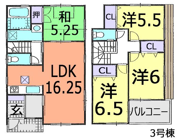 Floor plan. (3 Building), Price 21,800,000 yen, 4LDK, Land area 112.59 sq m , Building area 93.55 sq m