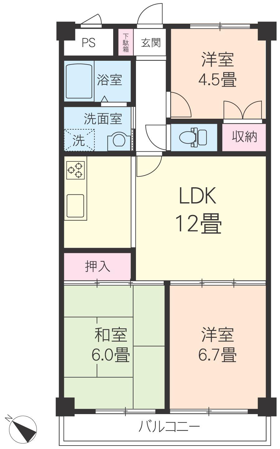 Floor plan. 3LDK, Price 4.9 million yen, Occupied area 64.03 sq m , Balcony area 6.72 sq m