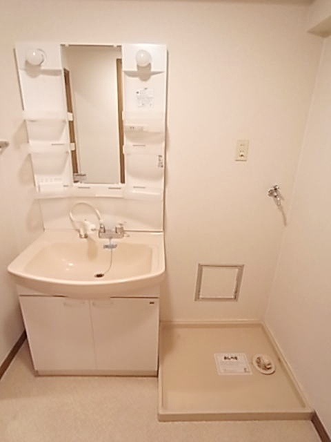 Washroom. Shampoo dresser. Washing machine in the room.