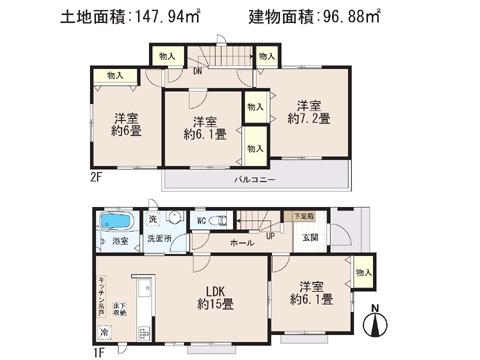 Floor plan. 20.8 million yen, 4LDK, Land area 147.94 sq m , Building area 96.88 sq m