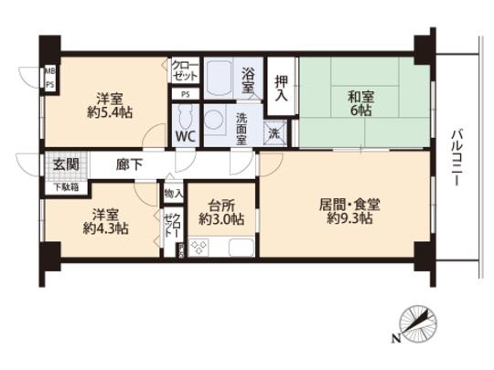 Floor plan. 3LDK, Price 8.1 million yen, Occupied area 64.35 sq m , Balcony area 7.89 sq m floor plan