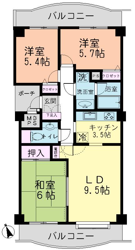 Floor plan. 3LDK, Price 9.5 million yen, Occupied area 67.56 sq m , Balcony area 15.21 sq m