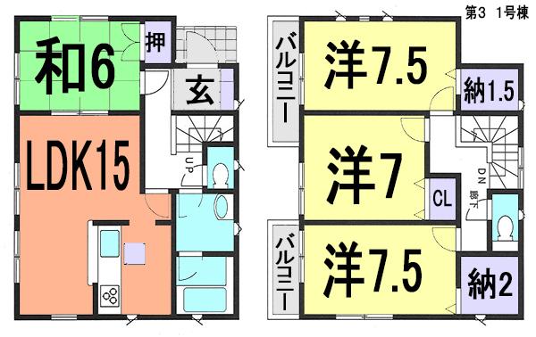 Floor plan. (number 3 1 Building), Price 21,800,000 yen, 4LDK, Land area 195.76 sq m , Building area 102.05 sq m